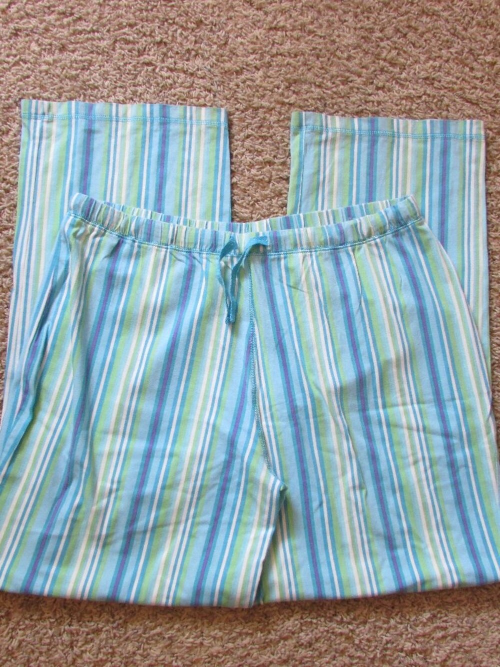 NWOT Adonna Large Green Blue Striped Lounge Pajama Pants Cotton Pull On